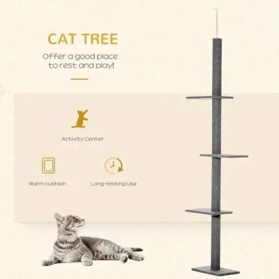 YOOCOZZ PawHut Floor-to-Ceiling Cat Tree, with Sisal-Covered Scratching Posts Natural Cat Tree tower furniture-Gray image {2}