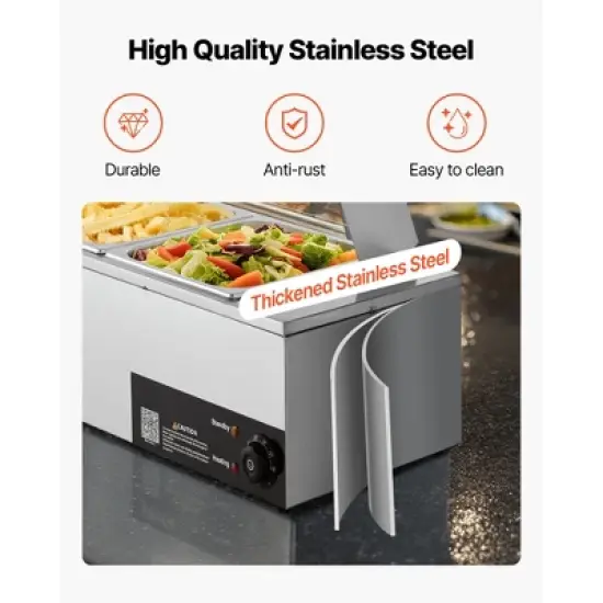 VEVOR Commercial Food Warmer, 1500W Electric Stainless Steel Steam Food Warmer with Glass Cover, 4-Pan Countertop Buffet Bain Marie, Silver image {5}
