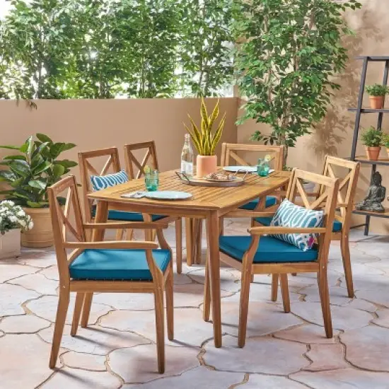 Christopher Knight Home Llando Outdoor Acacia Wood 7 Piece Dining Set with Cushion image {1}