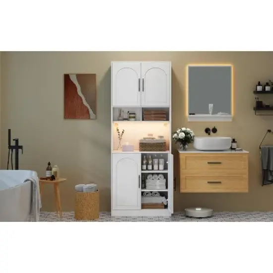 Kitchen Pantry Cabinet with RGB Lighting, Farmhouse Wood Hutch with Barn Doors, Microwave Stand, Two Open Shelves, Large Storage Cupboard image {4}