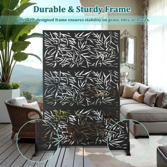 TOAOTBNBO Metal Privacy Screen with Stand, Decorative Privacy Fence Panels with Bamboo Leaf Pattern, Outdoor Privacy Screen for Garden, Black image {3}