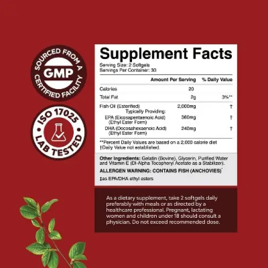 Omega 3 Fish Oil Supplement, EPA DHA Fish Oil Omega 3 Supplement with Immune Booster Brain Vitamins, 2000mg Fish Oil, Nature's Craft, 60ct Softgels image {2}