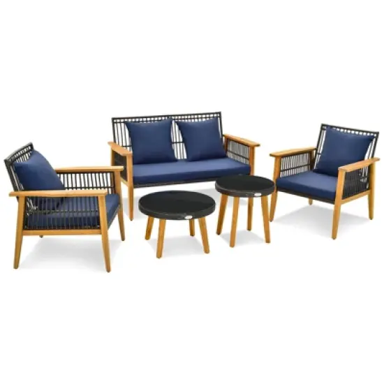 Tangkula 5PCS Rattan Woven Conversation Set Stable Acacia Wood Frame for Backyard Patio image {4}