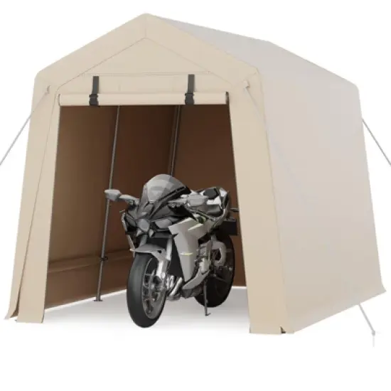 7x10 FT Outdoor Storage Shed, Motorcycle Shed with 2 Roll-Up Zipper Doors & Vents, Heavy-Duty Carport Portable Garage for Bike Firewood Tools, Khaki image {7}