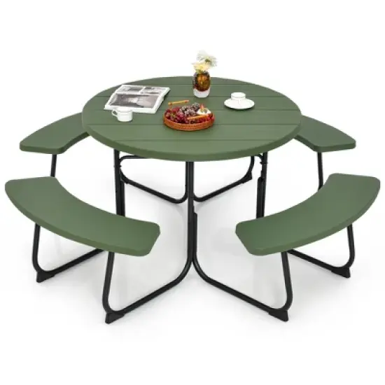 Costway Outdoor 8-person Round Picnic Table Bench Set with 4 Benches & Umbrella Hole Black/Grey/Green/White image {10}