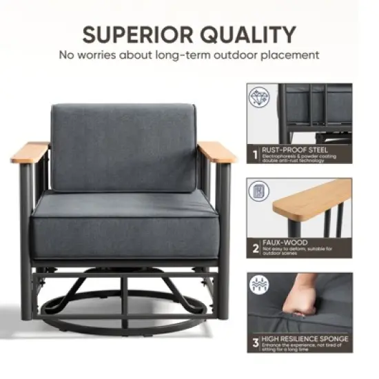 Belord Small Patio Furniture Set with 6" Thick Seat Cushion, Metal Outdoor Swivel Glider Chairs Set of 2 with Side Table, Comfort Thick Foam Cushion image {6}
