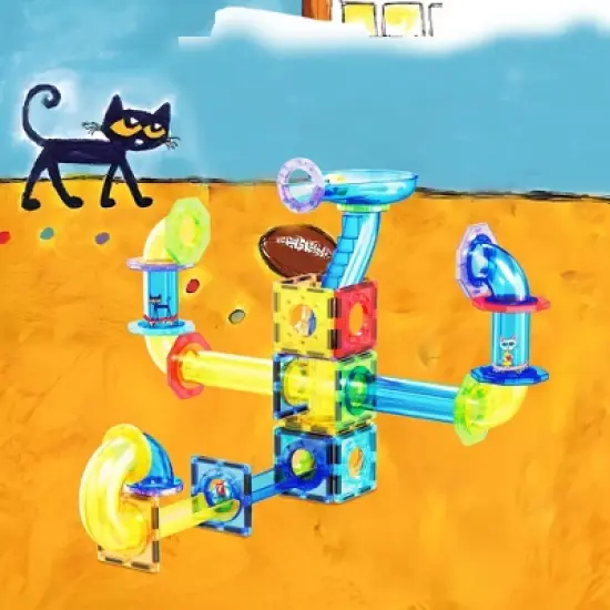 PICASSO-TILES Marble Run Magnetic Tiles for Kids, 62PCS Pete the Cat Theme, Construction Magnet Tiles Race Track Building Blocks STEM Toy image {3}