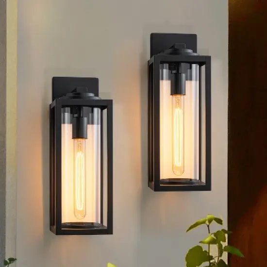 C Cattleya 2 Pack Matte Black Outdoor Wall Light with Cylinder Clear Glass Shade image {1}