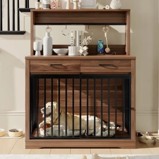 38" Wooden Dog Crate Furniture with Sliding Door,Indoor Dog Kennel Table with Drawers and Shelves,Decorative Pet Crate-Maison Boucle image {7}