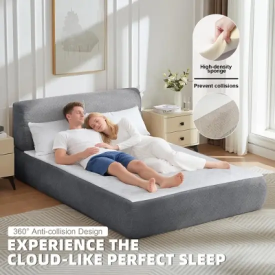 Aukfa 2-in-1 Queen Size Upholstered Platform Bed with Mattress, No Assembly Floor Bed Frame with Headboard, 13.4" Chenille Fabric image {3}