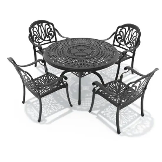 5-Piece Cast Aluminum Outdoor Dining Set with Brown Cushions, Round Table & Stackable Chairs - for Patio, Backyard image {2}