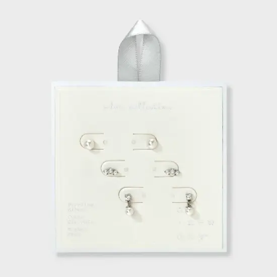 Sterling Silver Pearl Dangle Stud Earring Set 3pc - A New Day&trade; Silver image {1}