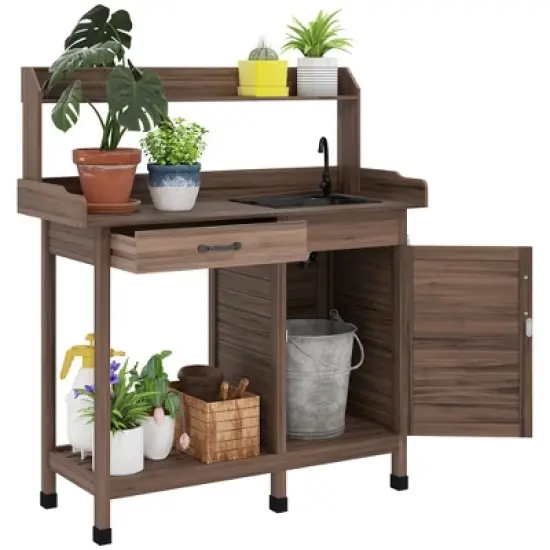 Outsunny Garden Potting Bench Table with Sink, Lockable Storage Cabinet and Open Shelf, Outdoor Planting Workstation with Steel Tabletop image {3}