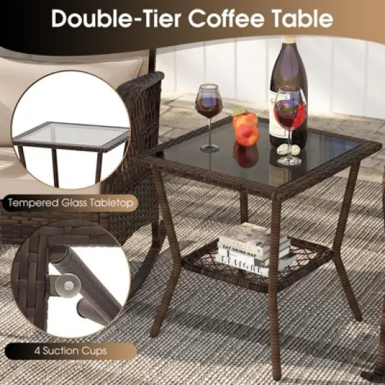 Tangkula 3 Piece Rocker Set Outdoor Wicker Rocking Chairs with Double-Layer Rattan Rocker Chair Set with Back Cushions & Pillows Beige/Gray/Blue/Red image {5}