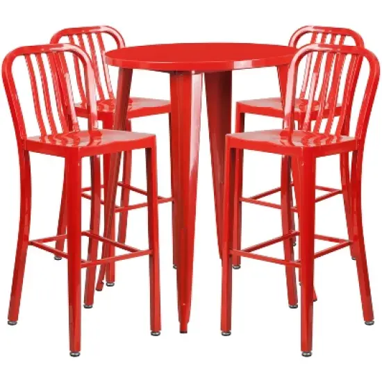 Emma and Oliver Commercial 30" Round Metal Indoor-Outdoor Bar Table Set & 4 Slat Back Stools image {6}