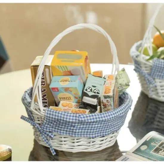 Traditional White Round Willow Gift Basket with Gingham Liner and Sturdy Foldable Handles, Food Snacks Storage Basket image {3}