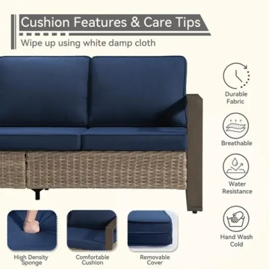 COWLOWN Dark Blue Outdoor Rattan Patio Sofa, 3-Seat Wicker Couch with Armrests and Cushions, Weather-Resistant Furniture for Backyard, Garden, Porch image {7}