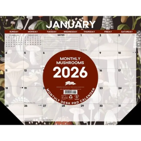 Willow Creek Press 22"x17" 2026 Mushrooms Large Monthly Deskpad image {2}