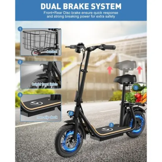 Electric Scooter with Seat for Adults, 500W Foldable Electric Scooter with Seat and Basket, Max 30 Miles Range&19 Mph Power image {6}