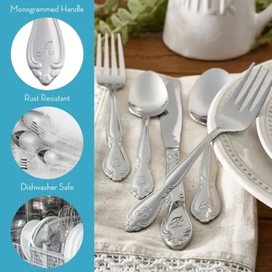 RiverRidge Rose Flatware 46pc Monogrammed Stainless Steel Silverware Set for 8 image {5}