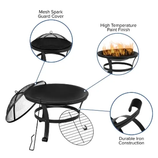 Flash Furniture 22" Round Wood Burning Firepit with Mesh Spark Screen and Poker image {4}