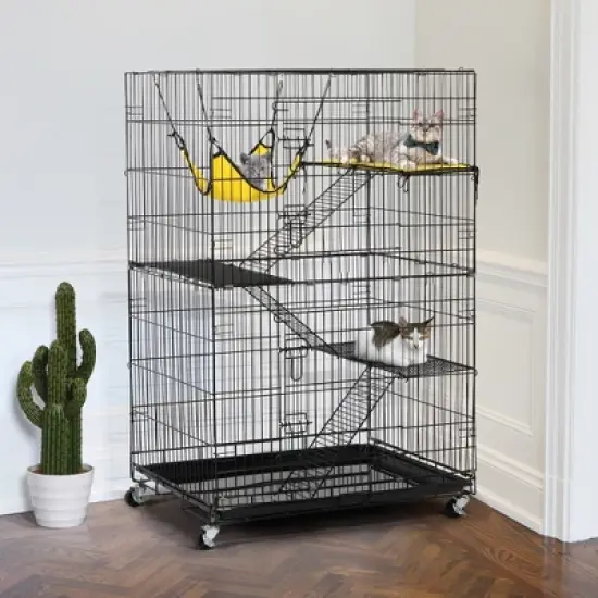 Yaheetech 4 Tiers Rolling Metal Cat Cage on Wheels Black image {1}
