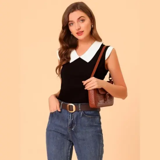 Allegra K Women's Contrast Flat Collar Stretchy Cap Sleeve Casual Blouse image {1}