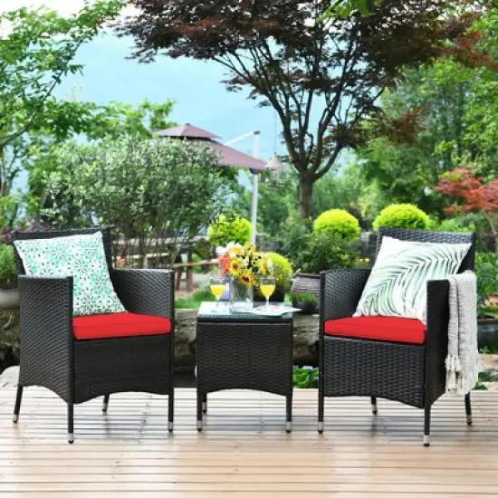 Costway Outdoor 3 PCS PE Rattan Wicker Furniture Sets Chairs  Coffee Table Garden image {7}