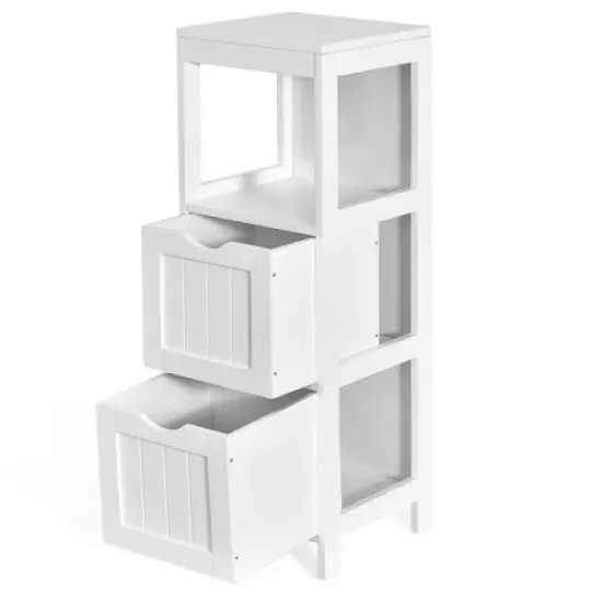 Costway Bathroom Floor Cabinet Side Wooden Storage Organizer w/ Removable Drawers White image {4}