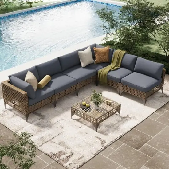 Cesicia 7-Piece Gray Sofa Set, Garden Patio Wicker Sectional Sofa Set with Coffee Table for Backyard, Balcony image {7}