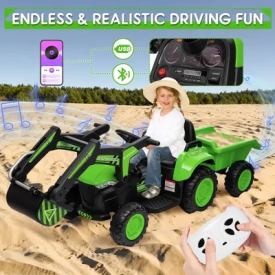 Jojoka 3-in-1 Ride-On Kids Excavator with Remote Control, 12V Powered Wheels Car Toy with LED Lights, Bluetooth Music, Digger and Trailer image {5}
