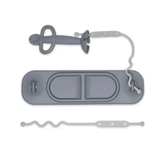 Busy Baby Silicone Travel Teething and Feeding System with Suction Mat, Teething Spoon, Travel Bag and 2 Straps for Toys and Utensil - Pewter - 4pcs image {10}