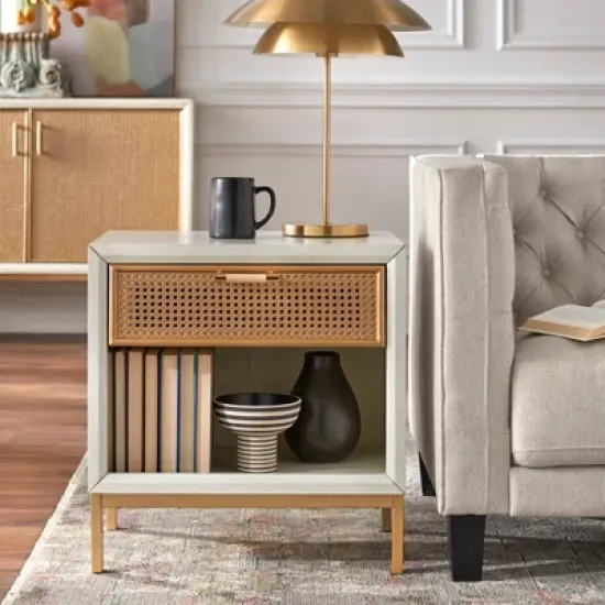 Lati Rattan Drawer End Table White/Natural - Buylateral image {1}