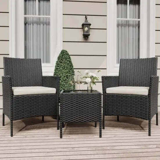 homfan 3 Piece Outdoor Patio Furniture Set, Wicker Bistro Table and Chairs Set, Patio Conversation Sets for Garden Front Porch Backyard Poolside Deck image {7}