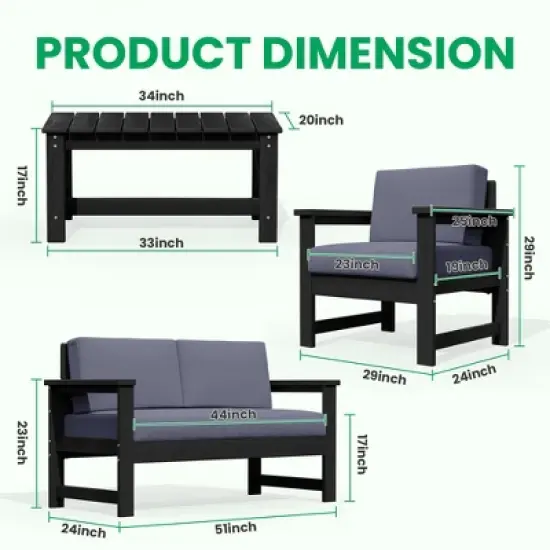 Hyleory HDPE 4-Piece Outdoor Sofa Set with Cushions, Conversation Set Including One Loveseat, Two Accent Chairs and a Coffee Table image {4}