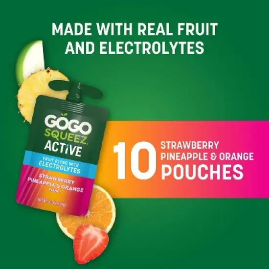 GoGo SqueeZ Active Fruit Blend with Electrolytes Variety Pack Strawberry Pineapple & Orange Pouches - 3.9oz/10ct image {5}