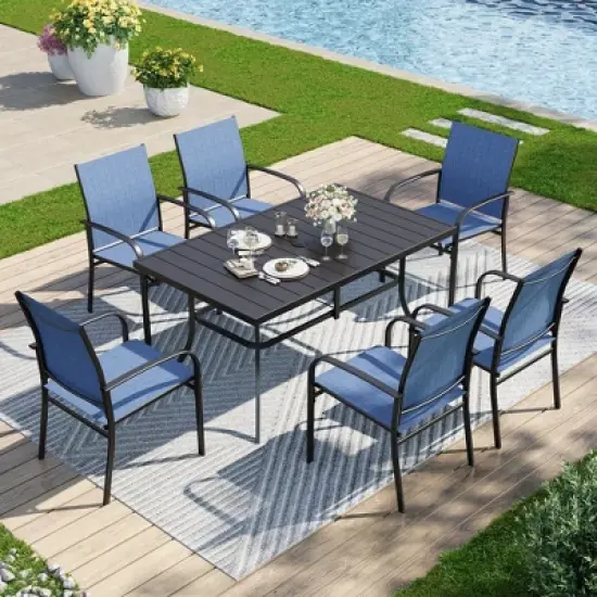 Captiva Designs 7pc Patio Dining Set with Slat-top Rectangle Table & Sling Fixed Dining Chairs image {16}