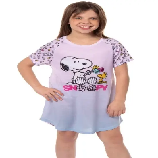 Girls' Peanuts Snoopy Woodstock Flowers Friends Nightgown Pajama Shirt Pink image {4}