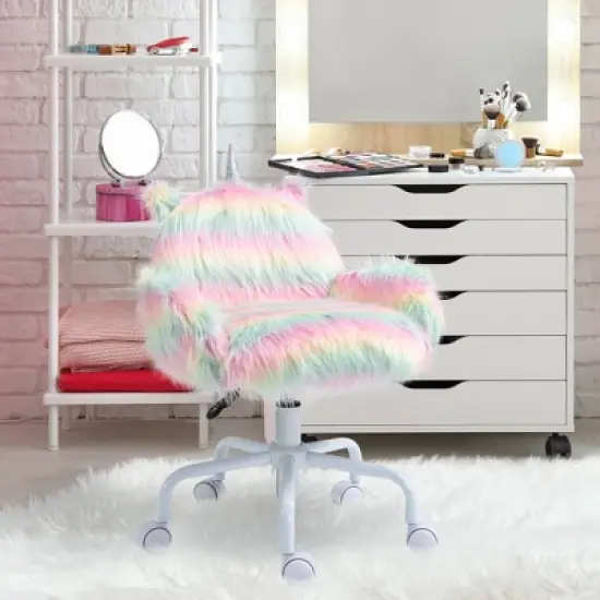 HOMCOM Fluffy Unicorn Office Chair with Mid-Back and Armrest Support, 5 Star Swivel Wheel White Base, Rainbow image {1}