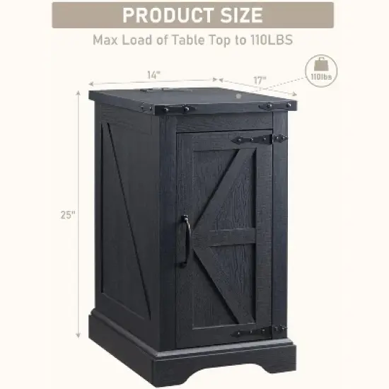 Farmhouse Nightstand with Charging Station & Barn Door & Adjustable Shelf, Rustic Sofa Side Table for Living Room, Bedroom image {4}
