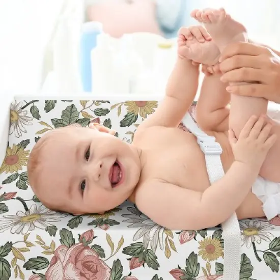 Sweet Jojo Designs Girl Changing Pad Sheet Vintage Floral Pink Yellow and Green image {2}