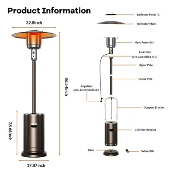 48,000 BTU Propane Patio Heater with Wheels, Round Table Design, Stainless Steel Burner, Tip-Over Protection for Home,  Commercial, Bro image {2}
