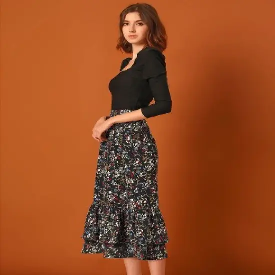 Allegra K Women's Chiffon Elastic Waist Ruffle Tiered Flowy Midi Printed Skirts image {3}