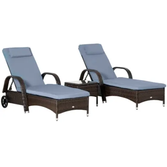 Outsunny Chaise Lounge Set of 2 with 5 Angle Backrest, Wheels, Armrests, Table, Cushions, PE Rattan Wicker Chairs, 3-Piece Pool Furniture Set image {9}