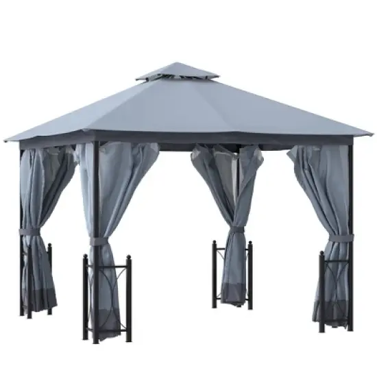 Outsunny 13' x 11' Patio Gazebo Canopy Garden Tent Sun Shade, Outdoor Shelter with 2 Tier Roof, Netting and Curtains, Steel Frame for Patio, Backyard, Garden image {6}