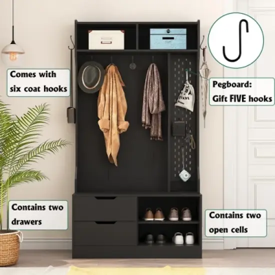 TIRAMISUBEST Hall Tree with 6 Hooks - Black Entryway Organizer with Storage image {7}