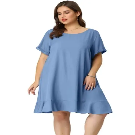 Agnes Orinda Women's Plus Size Belt Waist Ruffle Hem Chambray Shirt Dress image {3}