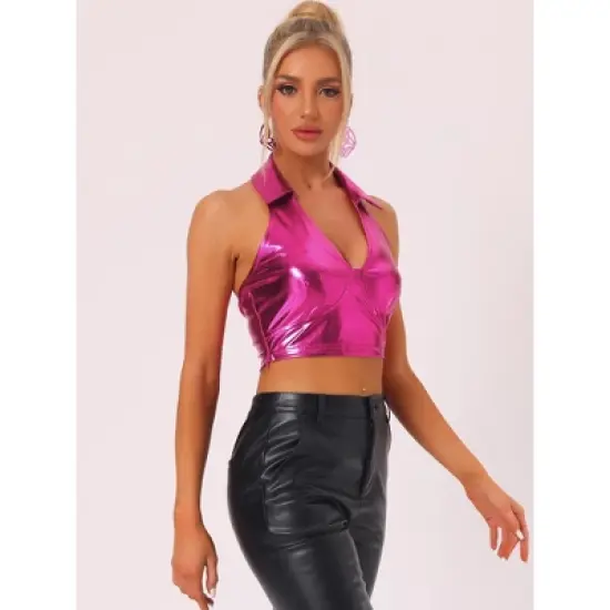 Allegra K Women's Shimmering Shiny Party Holographic Crop Metallic Halter Top image {3}