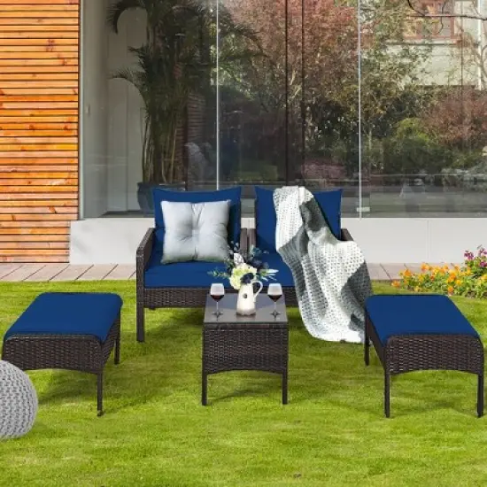 Costway 5 PCS Patio Rattan Wicker Furniture Set Sofa Ottoman Coffee Table Cushioned image {8}