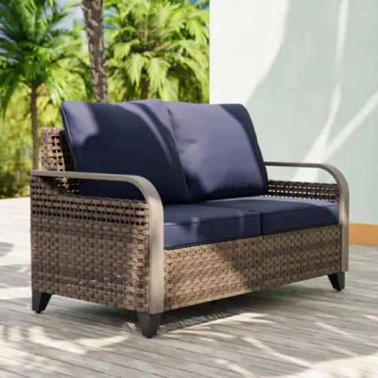 EAGLE PEAK Wicker Outdoor Patio Sofa Modern Rattan Patio Furniture Loveseat for Backyard Deck Porch Balcony, 2 Seat Loveseat image {1}